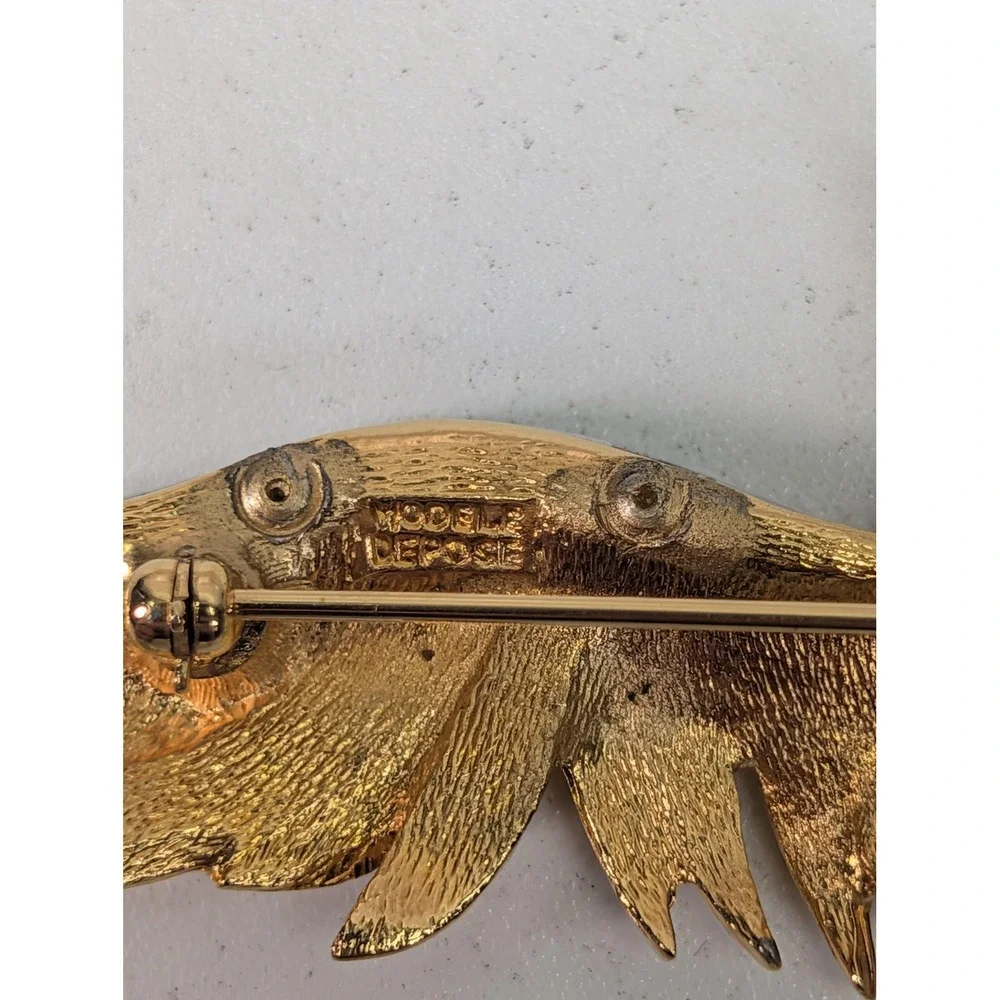 Bird Brooch Gold Tone Blue Enamel Clear Stone Wings Animal Statement Pin